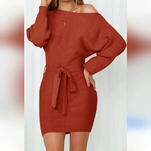 Peach Love terracotta orange sweater dress puff long sleeve knit sz M